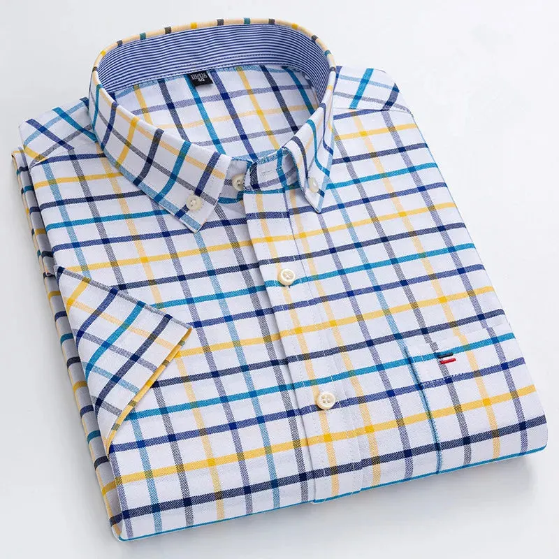 100% Cotton Men Oxford Shirt Short Sleeve Summer Plaid Striped Male Clothes Business Regular Fit Dress Shirt Oversized