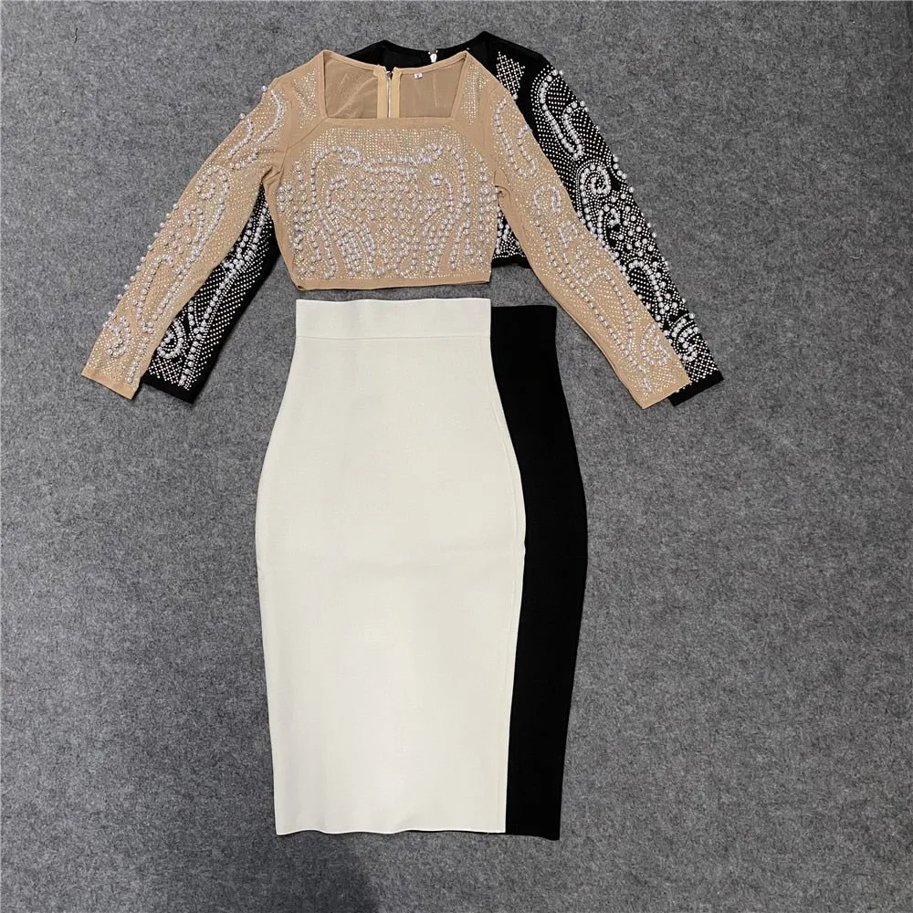 2 Piece Set Beading Sexy Top Bandage Skirt Two Piece Sets Suits
