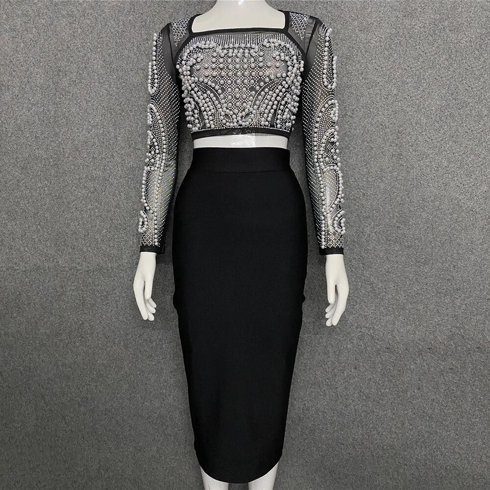 2 Piece Set Beading Sexy Top Bandage Skirt Two Piece Sets Suits