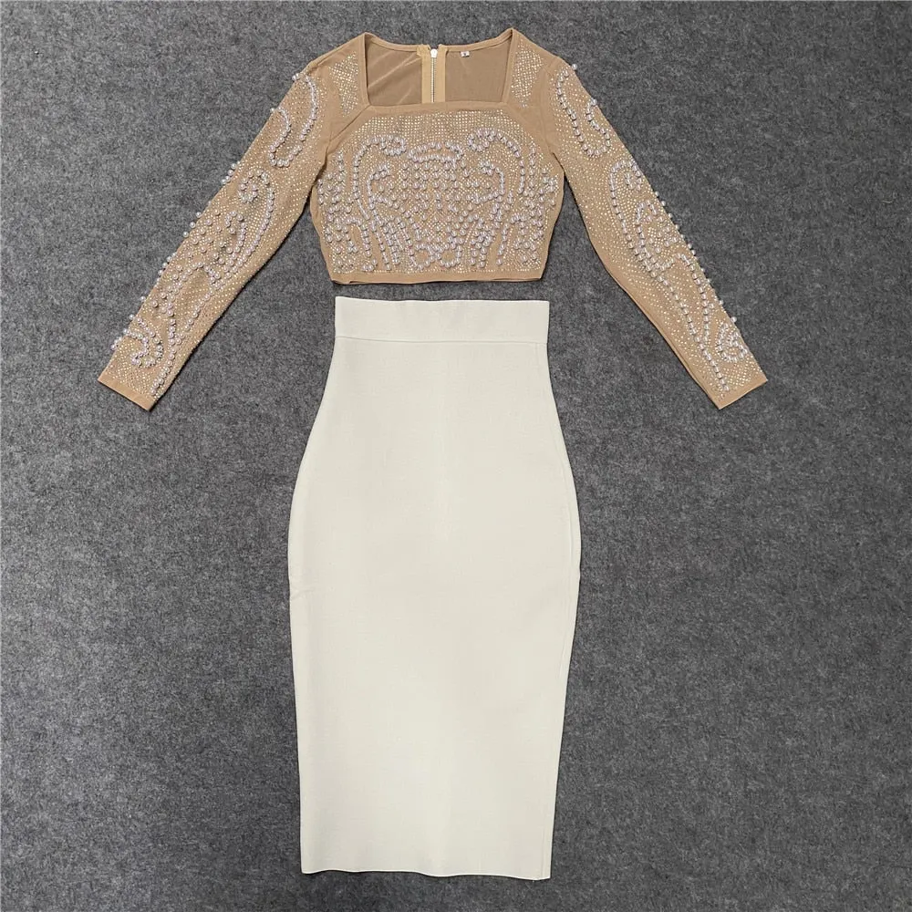 2 Piece Set Beading Sexy Top Bandage Skirt Two Piece Sets Suits