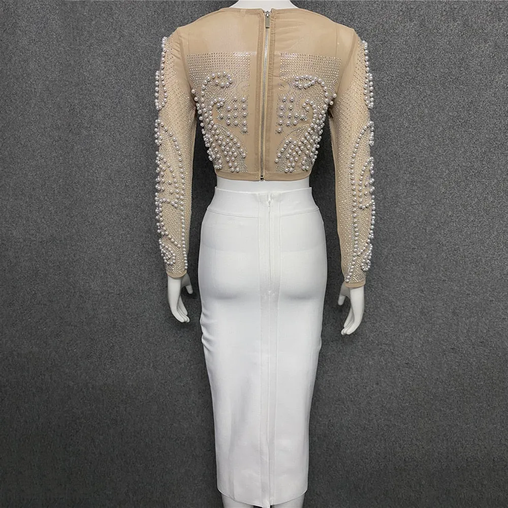 2 Piece Set Beading Sexy Top Bandage Skirt Two Piece Sets Suits