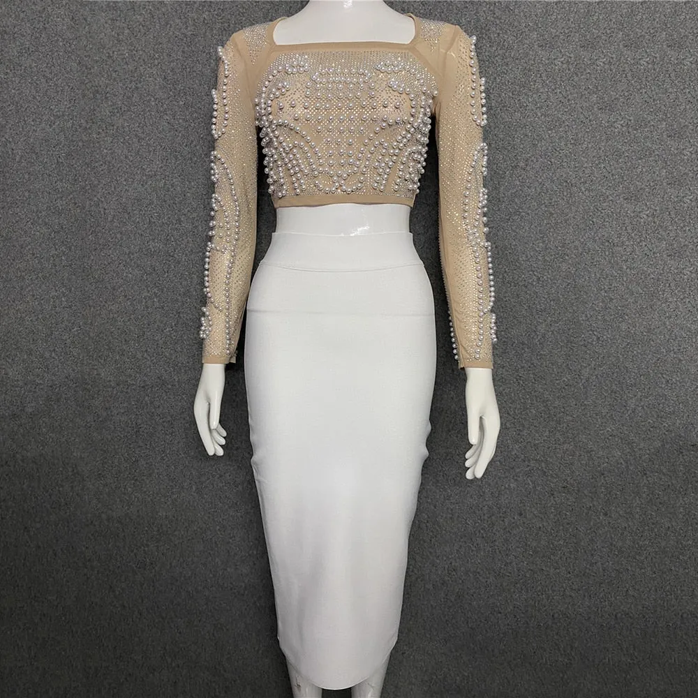 2 Piece Set Beading Sexy Top Bandage Skirt Two Piece Sets Suits