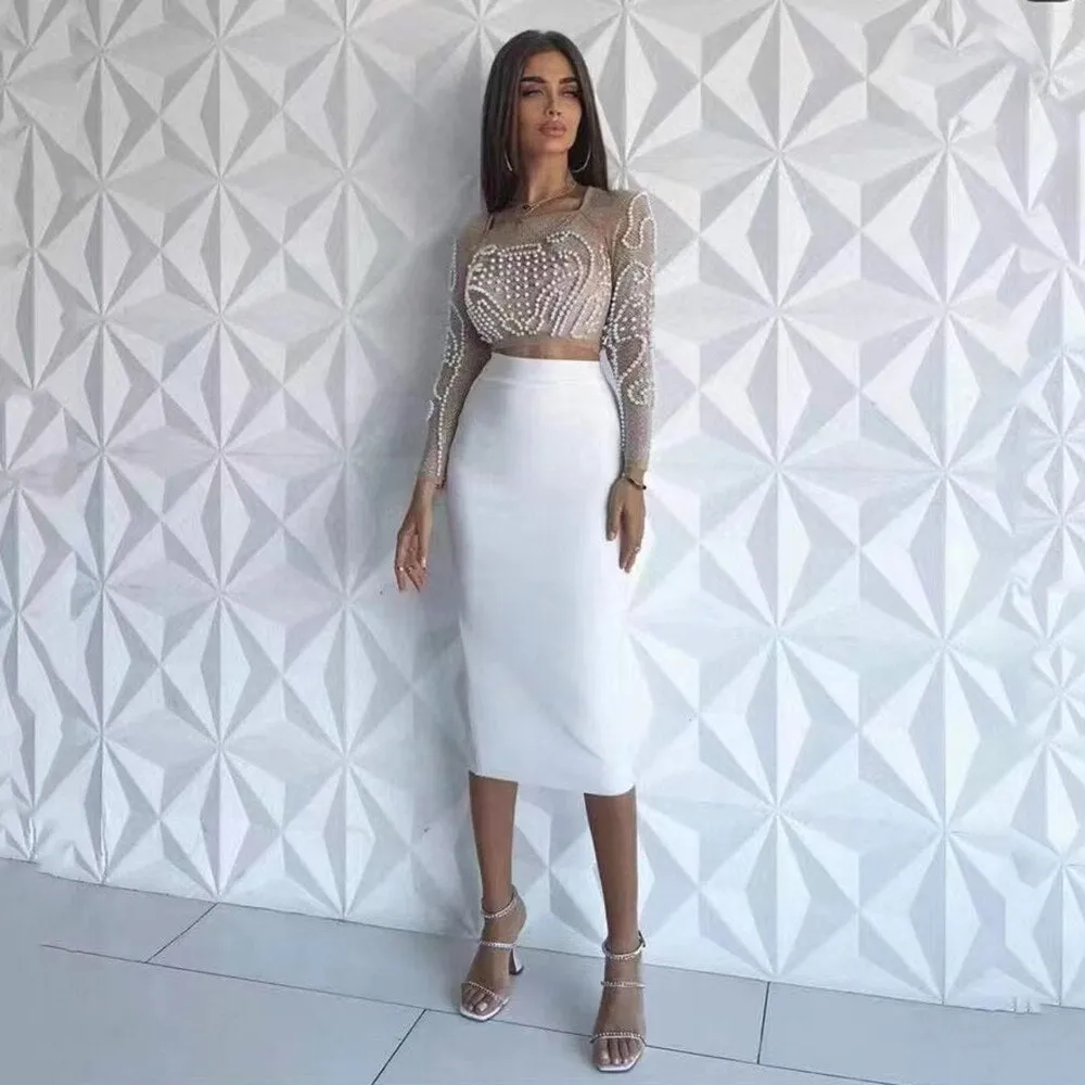 2 Piece Set Beading Sexy Top Bandage Skirt Two Piece Sets Suits