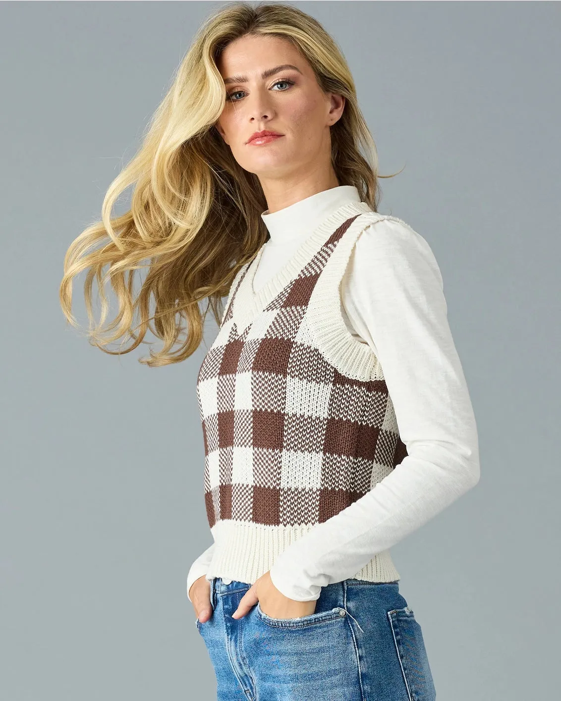 Addison Plaid V-Neck Sweater Vest - Coffee Check
