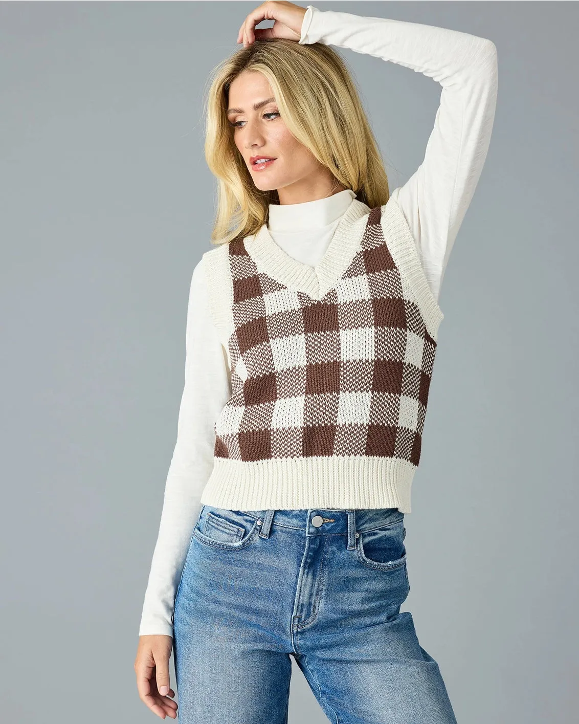 Addison Plaid V-Neck Sweater Vest - Coffee Check