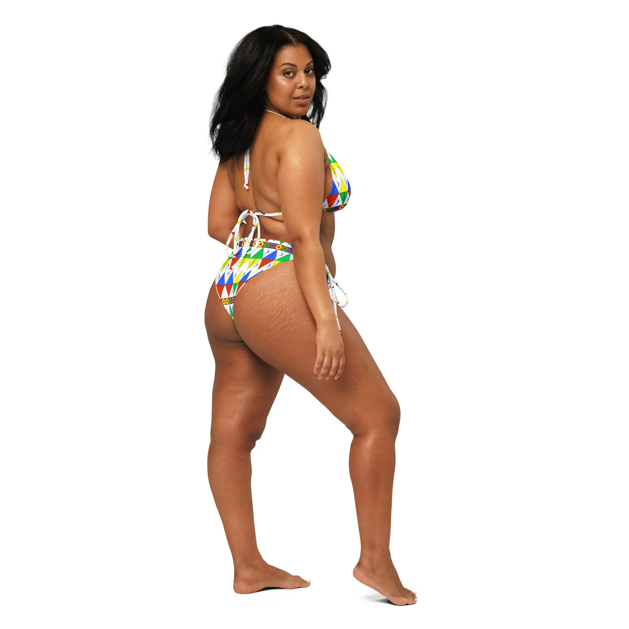 African Tribal Print Recycled String Bikini - South Africa/White