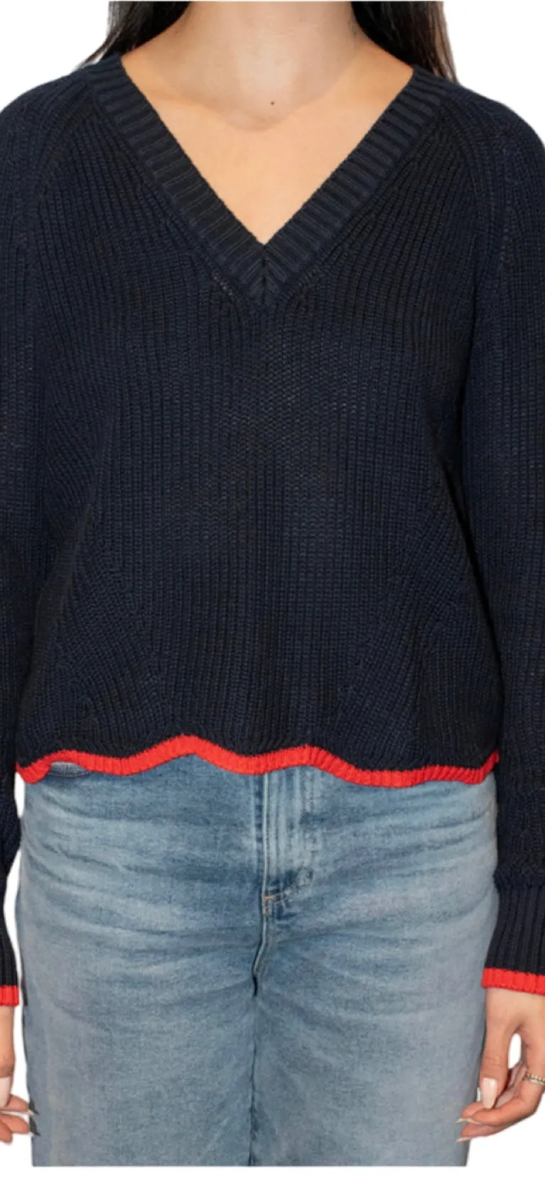 AUTUMN CASHMERE-Tipped Scallop Shaker V Neck Navy Blue Combo