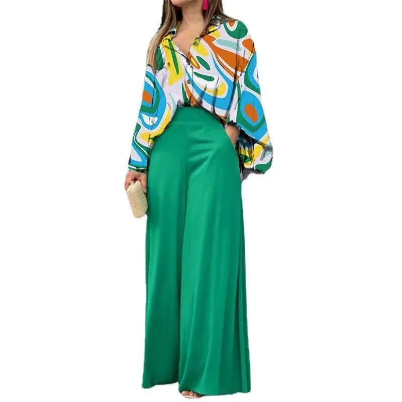 Autumn Casual Women Loose Vintage Boho Print Shirt   Commuter Wide Leg Pants Suits Two Piece Set Lady Fashion New 2022 Outfits