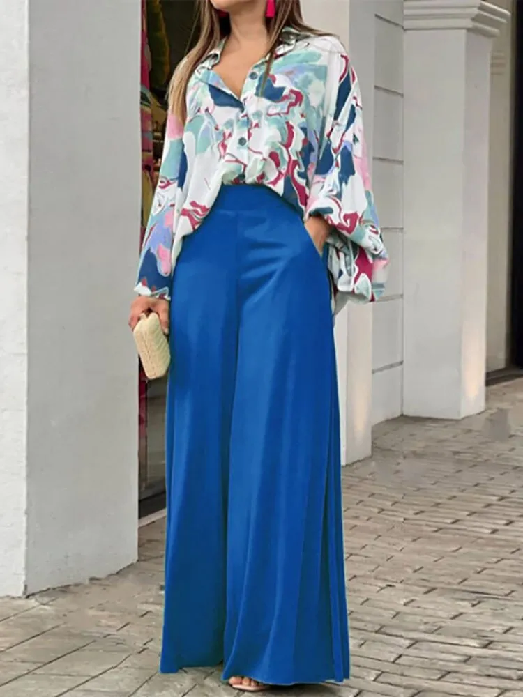 Autumn Casual Women Loose Vintage Boho Print Shirt   Commuter Wide Leg Pants Suits Two Piece Set Lady Fashion New 2022 Outfits