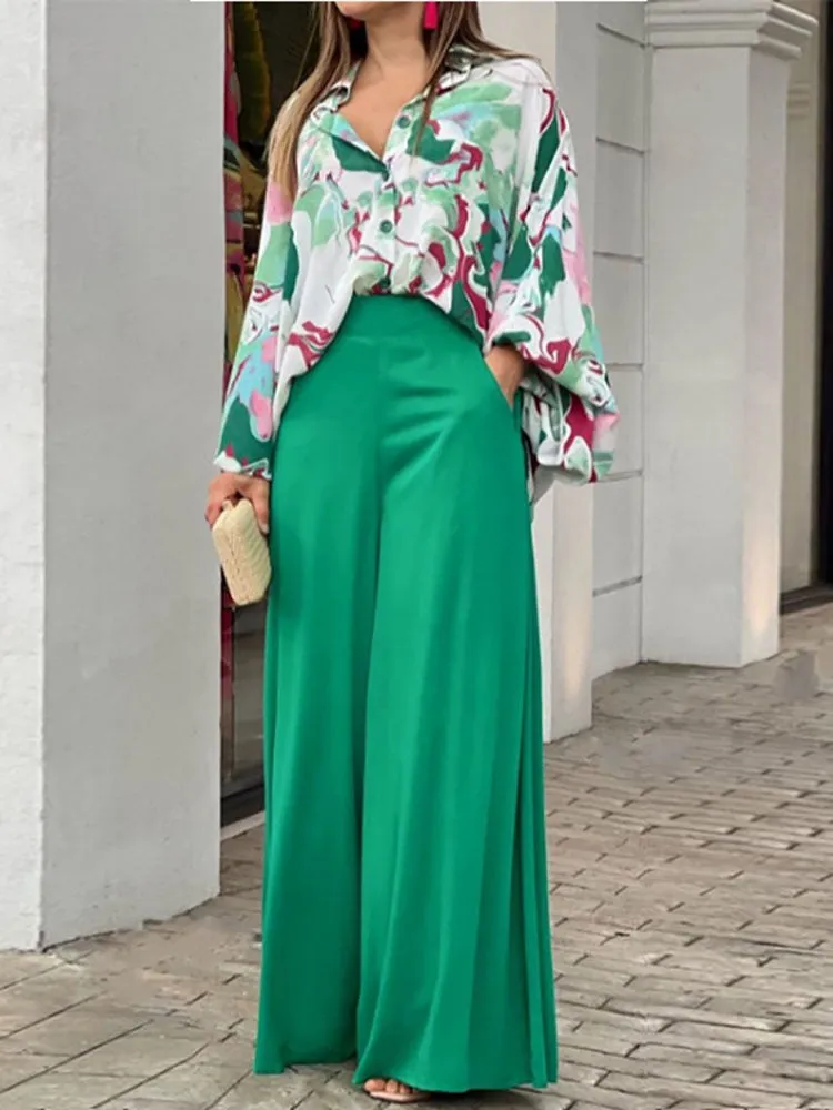 Autumn Casual Women Loose Vintage Boho Print Shirt   Commuter Wide Leg Pants Suits Two Piece Set Lady Fashion New 2022 Outfits