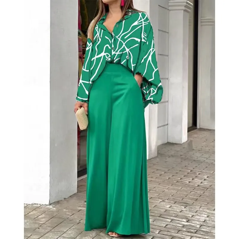 Autumn Casual Women Loose Vintage Boho Print Shirt   Commuter Wide Leg Pants Suits Two Piece Set Lady Fashion New 2022 Outfits