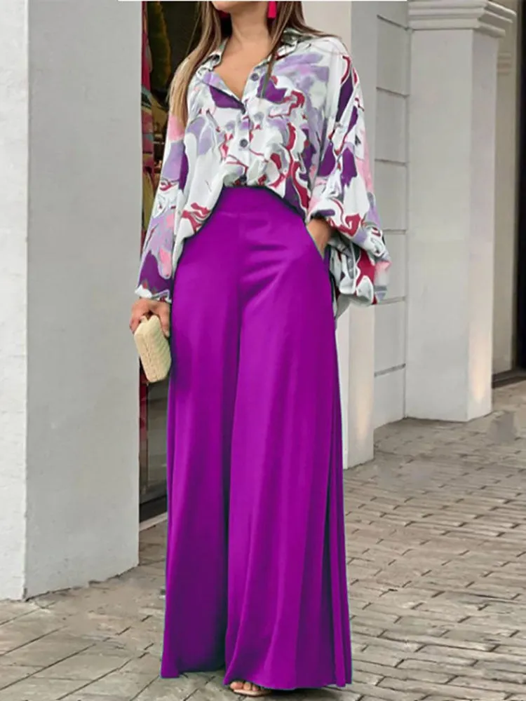 Autumn Casual Women Loose Vintage Boho Print Shirt   Commuter Wide Leg Pants Suits Two Piece Set Lady Fashion New 2022 Outfits