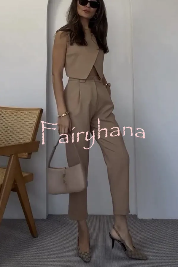 Balvin Linen Blend Cross Button Neck Crop Vest and High Rise Pocketed Pants Set