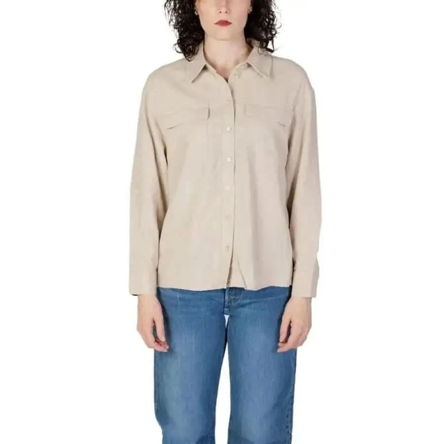 Beige Long Sleeve Women's Shirt in Linen and Viscose