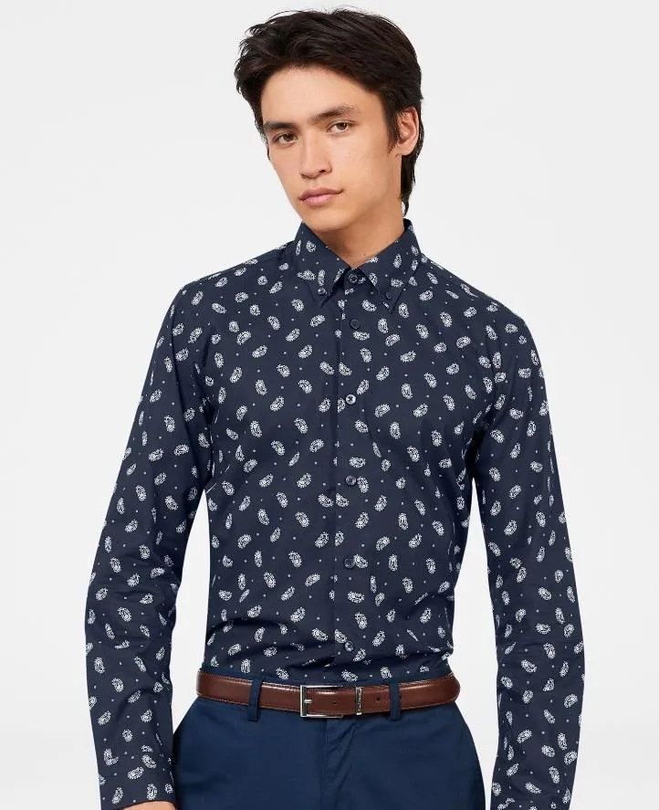 Ben Sherman Micro Paisley Print Shirt for Mens 0074125IL in Navy, 4XL-5XL