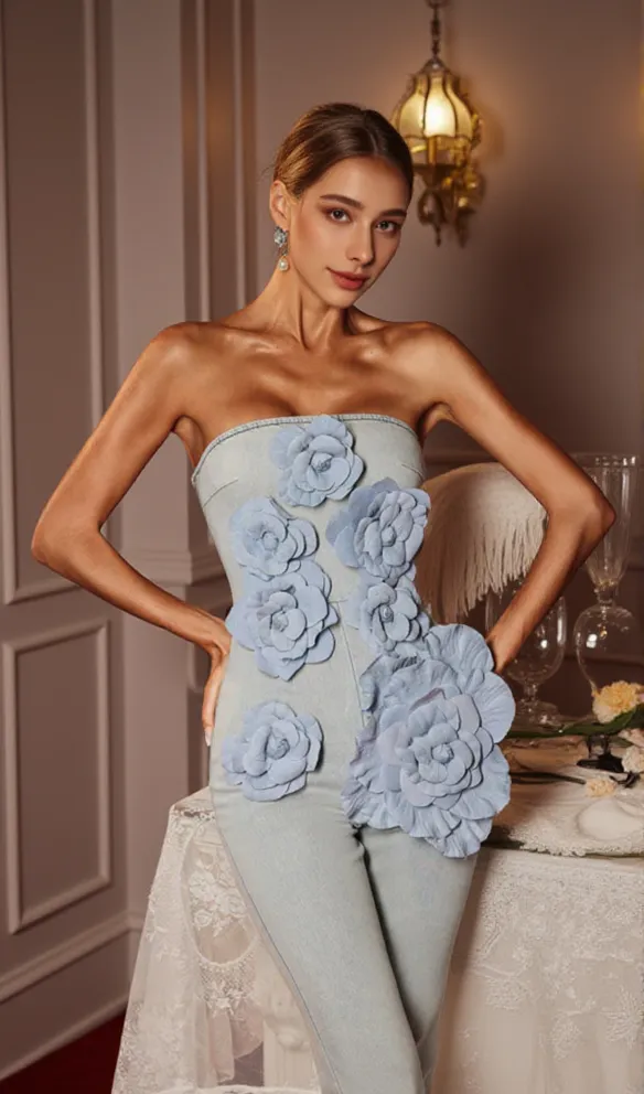 Berlin Floral Denim Jumpsuit in Light Wash