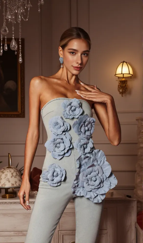 Berlin Floral Denim Jumpsuit in Light Wash