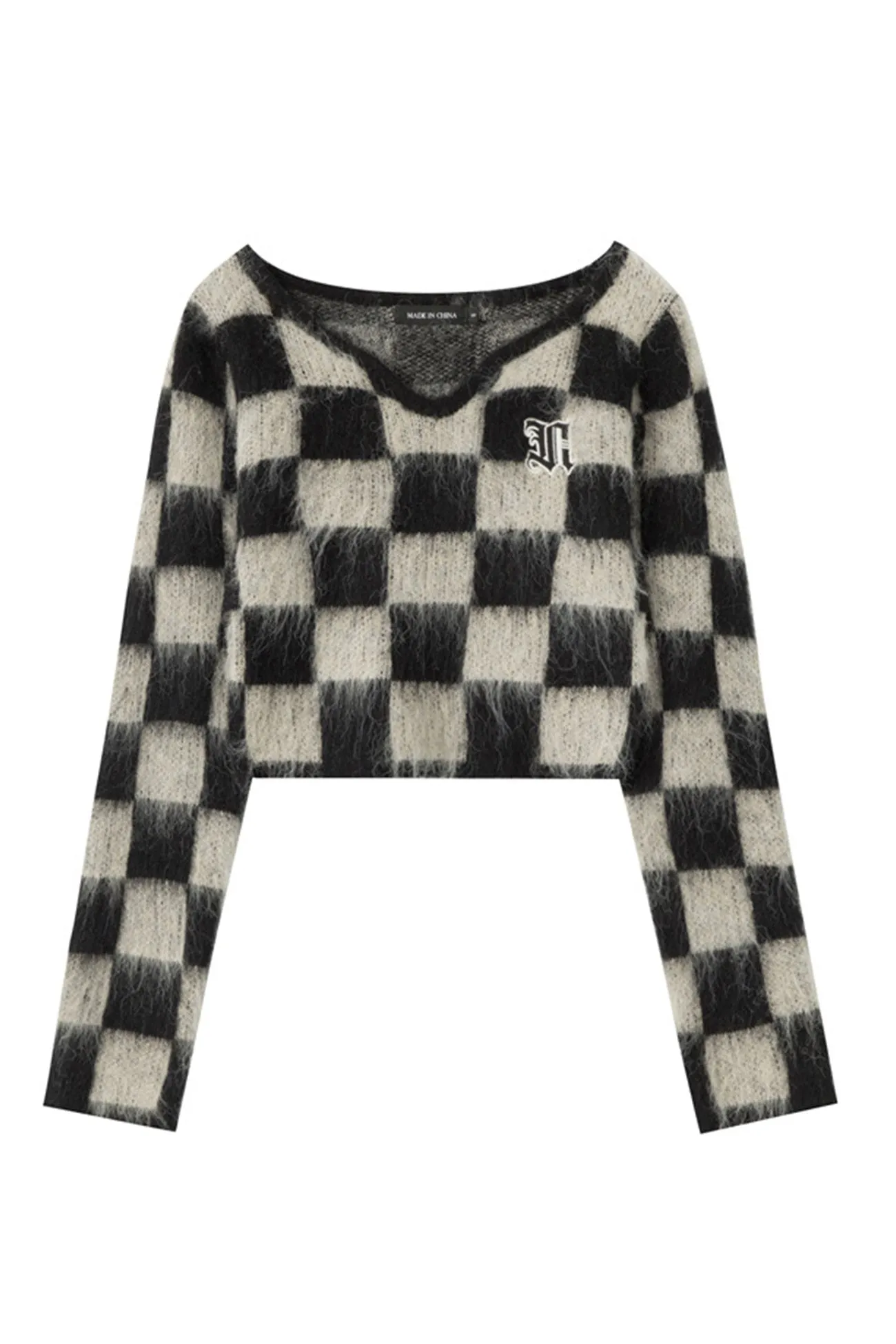 BerryBetty - V Neck Mohair Checkerboard Sweater