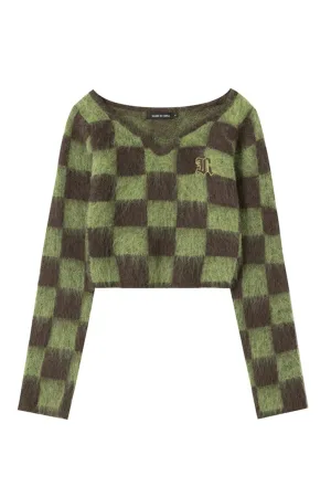 BerryBetty - V Neck Mohair Checkerboard Sweater