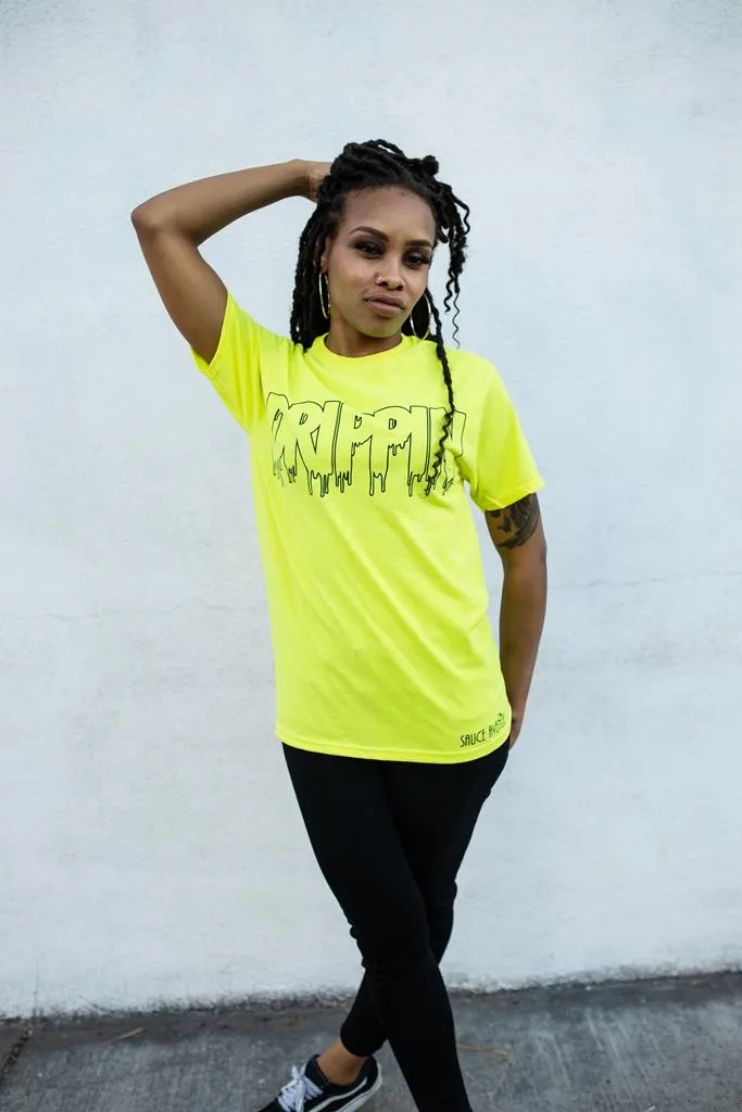 Black Drippin Outline | Neon Yellow Tee (Outline Checkered Drippin Sleeves)