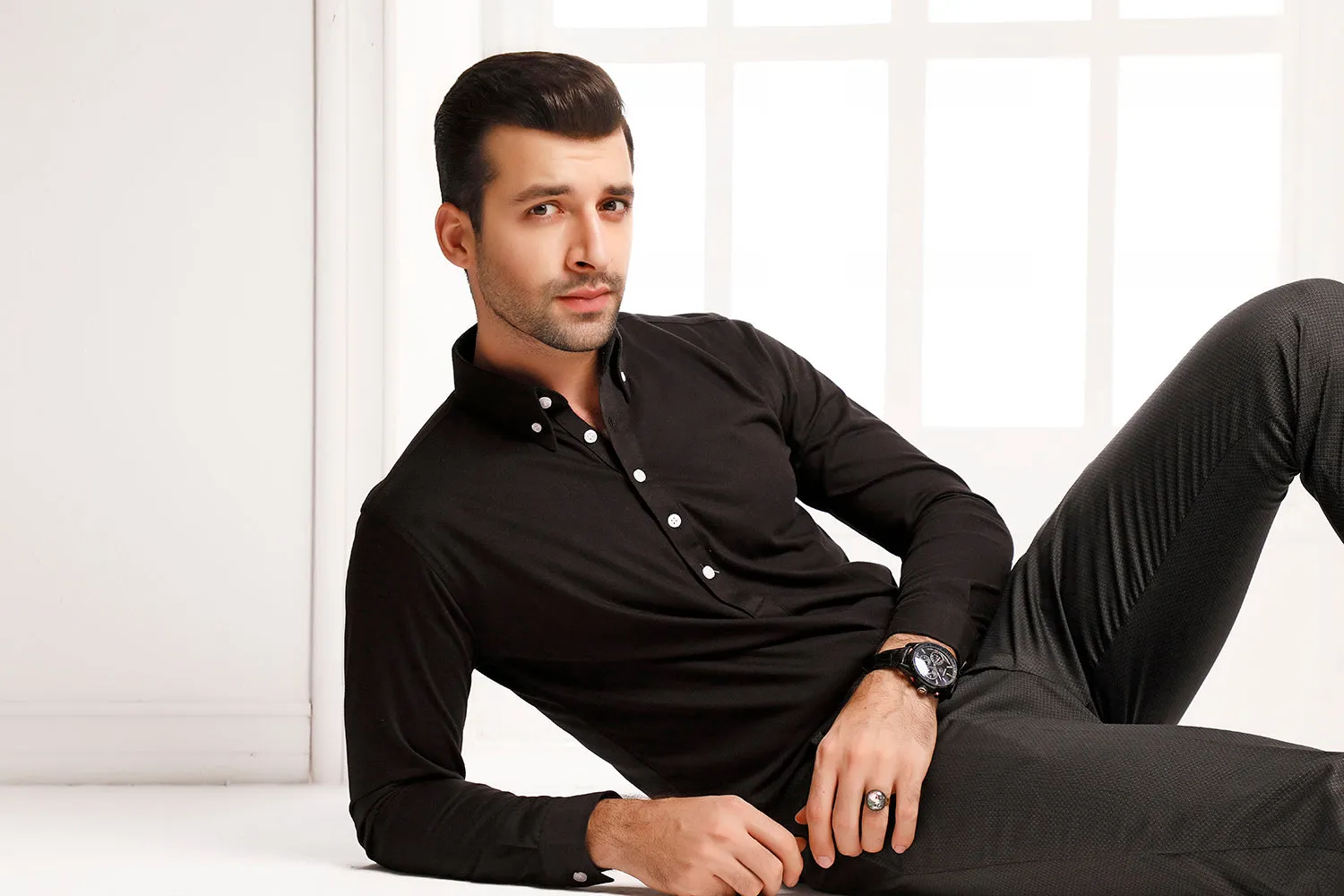 Black High Collar Mid Placket Shirt