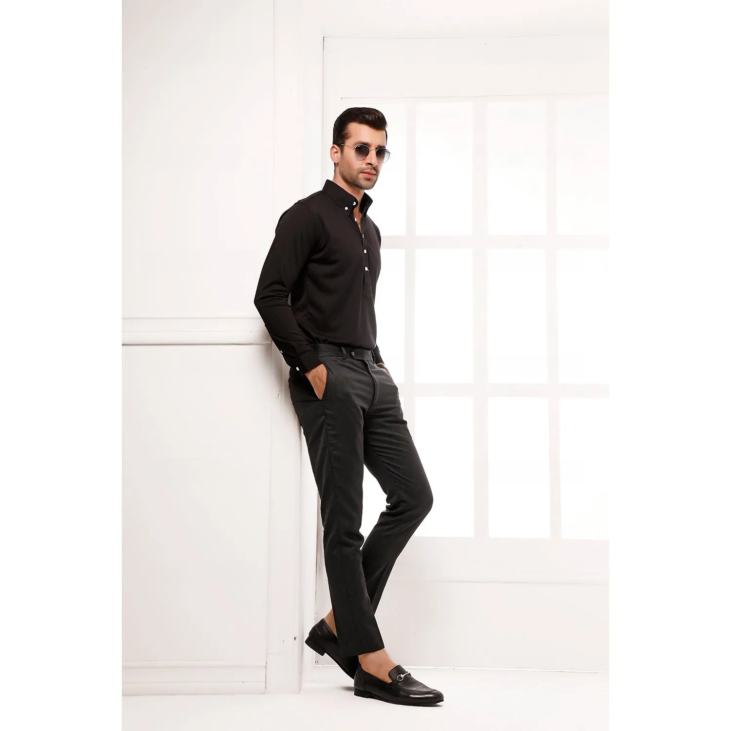Black High Collar Mid Placket Shirt