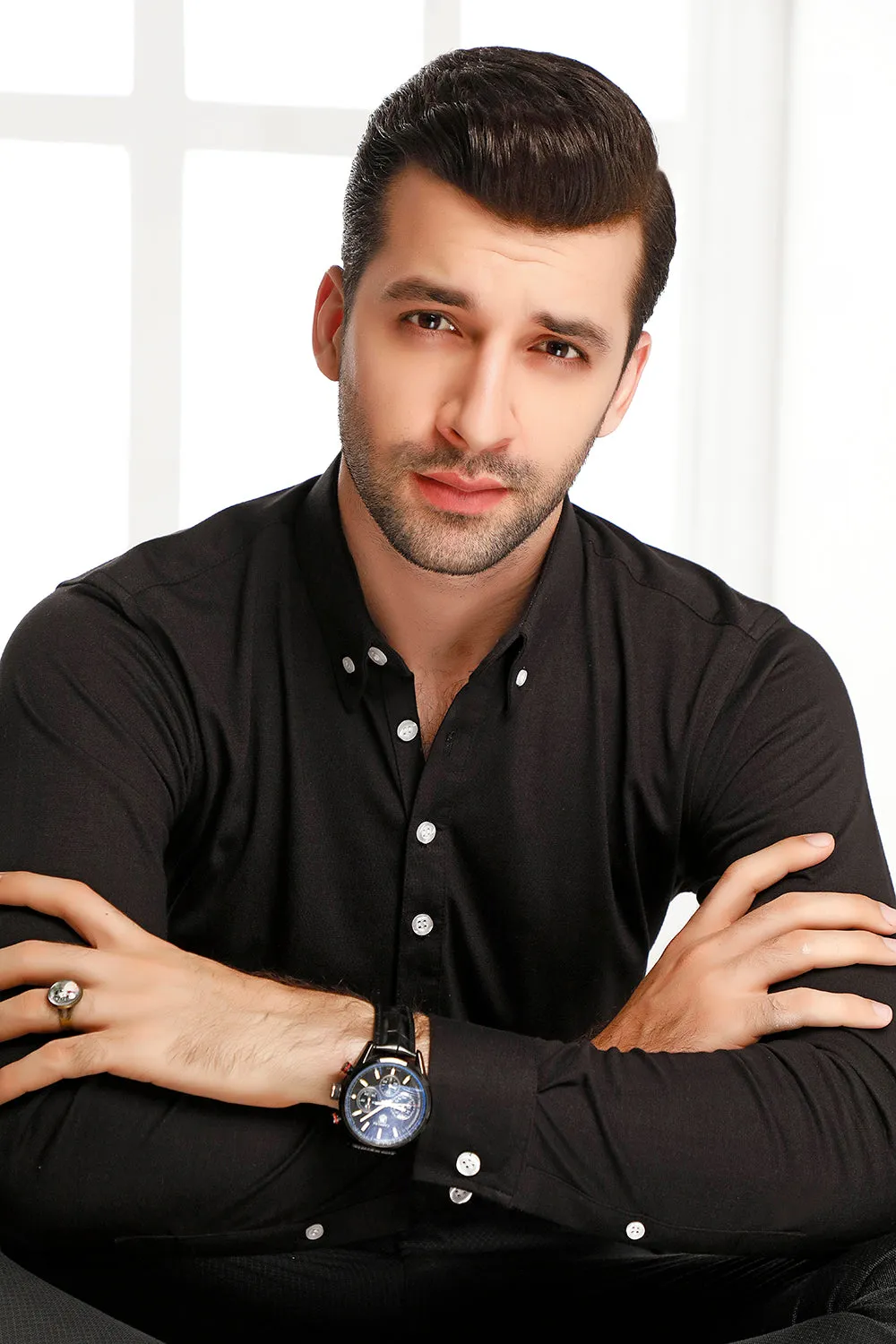 Black High Collar Mid Placket Shirt