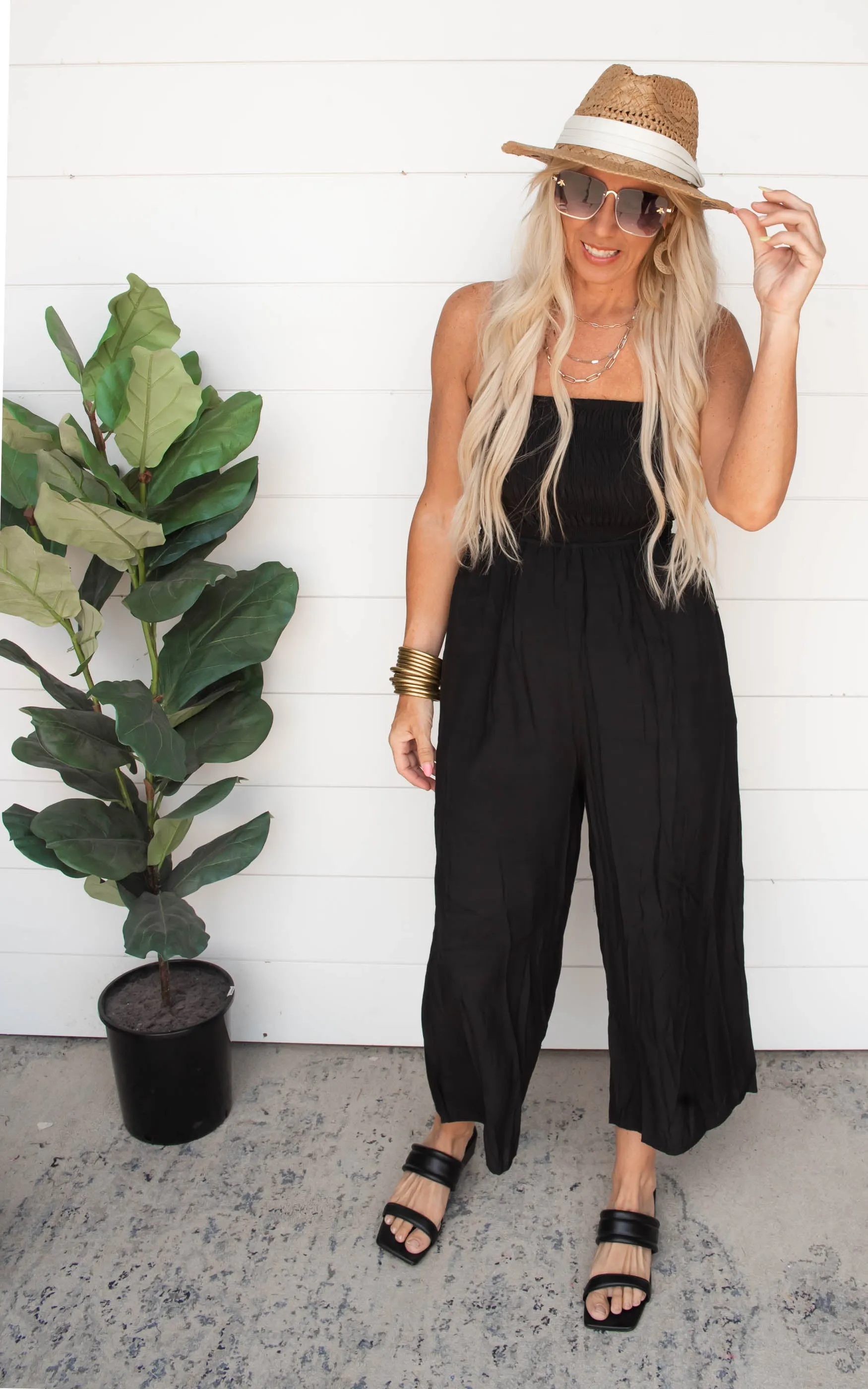 Black Smocked Open Back Tube Wide Leg Jumpsuit