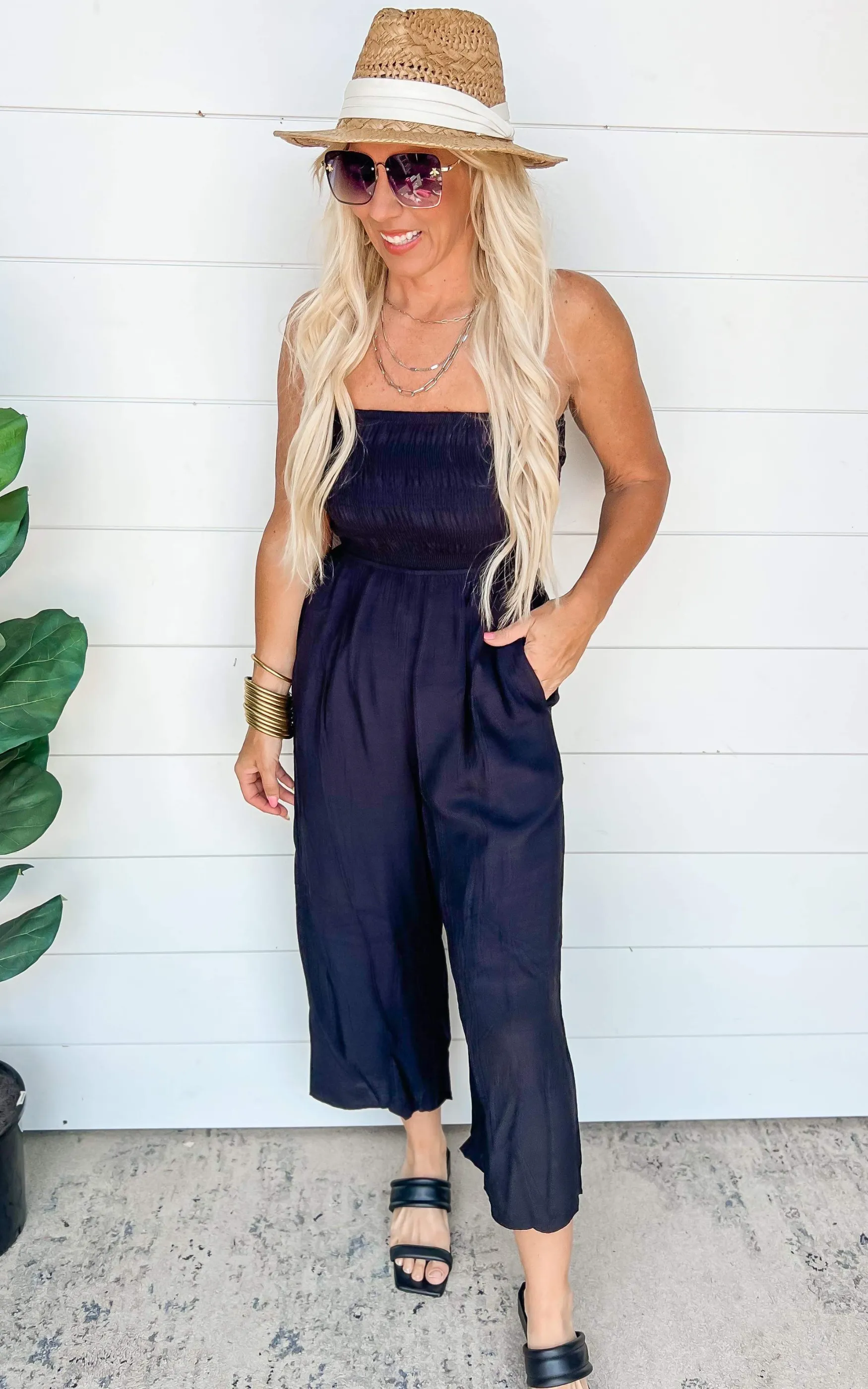Black Smocked Open Back Tube Wide Leg Jumpsuit