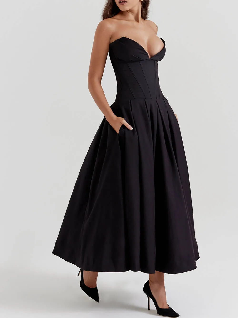 Black Strapless Stylish Midi Dress