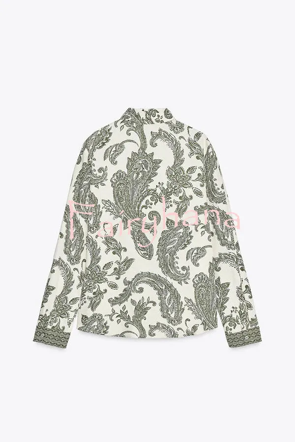 Blend Into Leaves Linen Blend Unique Print Long Sleeve Blouse and Wrap Tie-up Mini Skirt Set