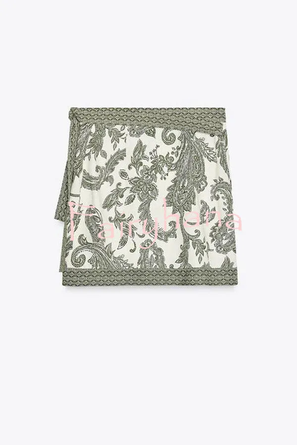Blend Into Leaves Linen Blend Unique Print Long Sleeve Blouse and Wrap Tie-up Mini Skirt Set