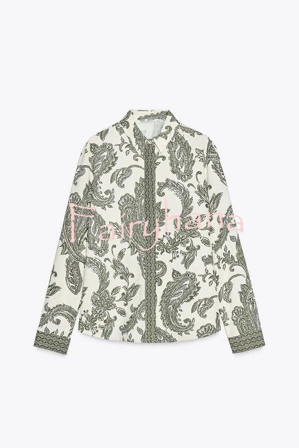Blend Into Leaves Linen Blend Unique Print Long Sleeve Blouse and Wrap Tie-up Mini Skirt Set