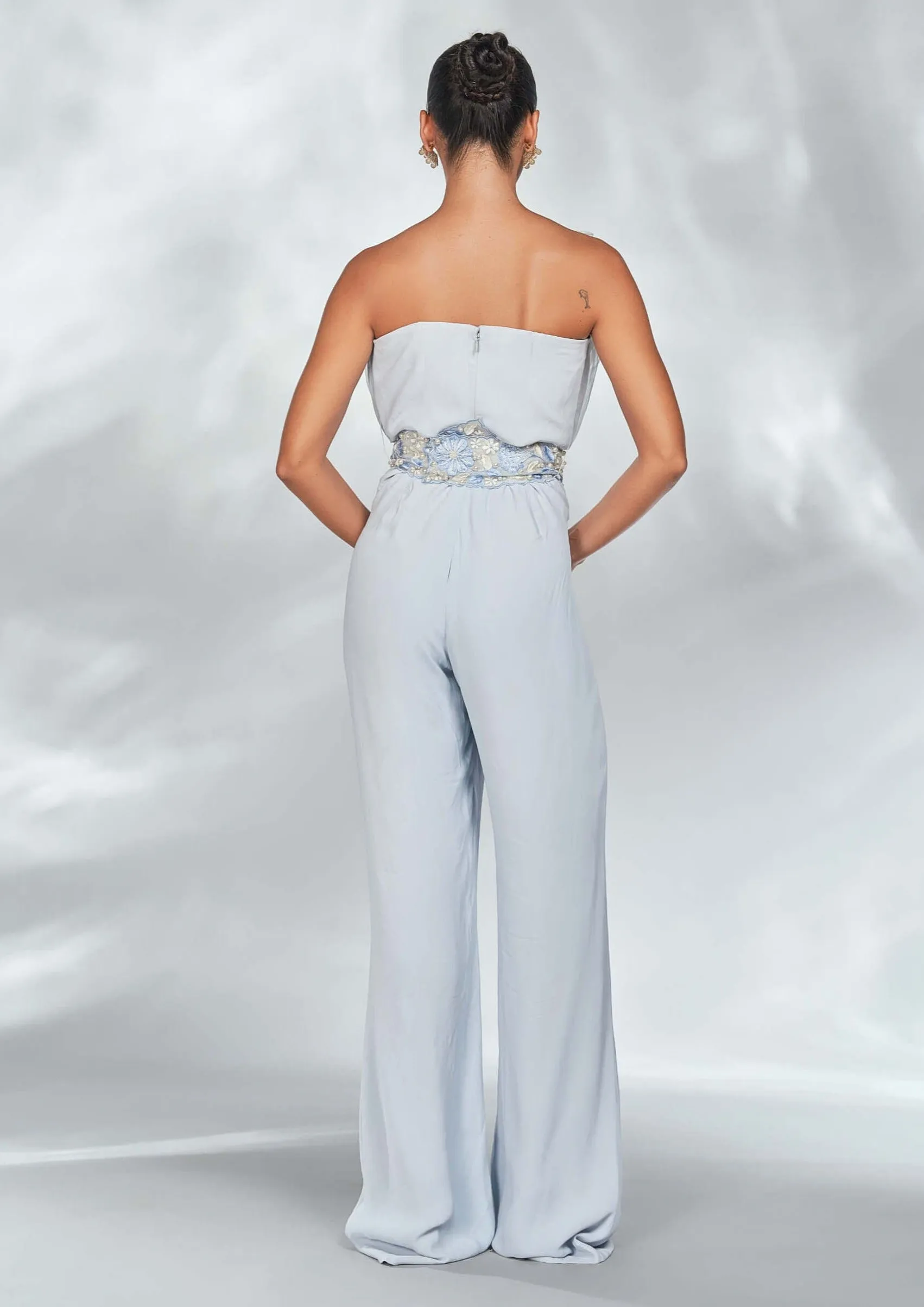 Blue drape jumpsuit with belt