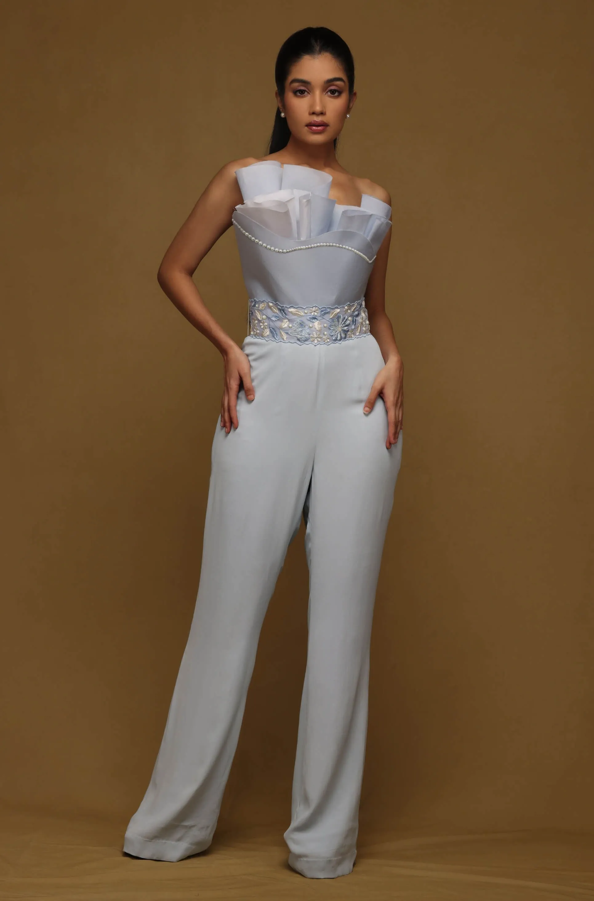 Blue drape jumpsuit with belt