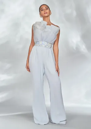 Blue drape jumpsuit with belt