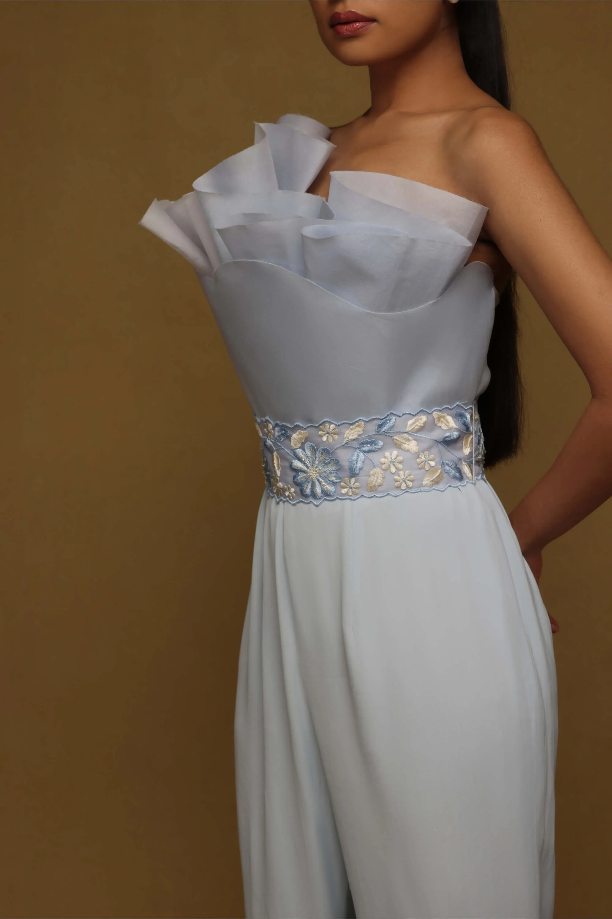 Blue drape jumpsuit with belt