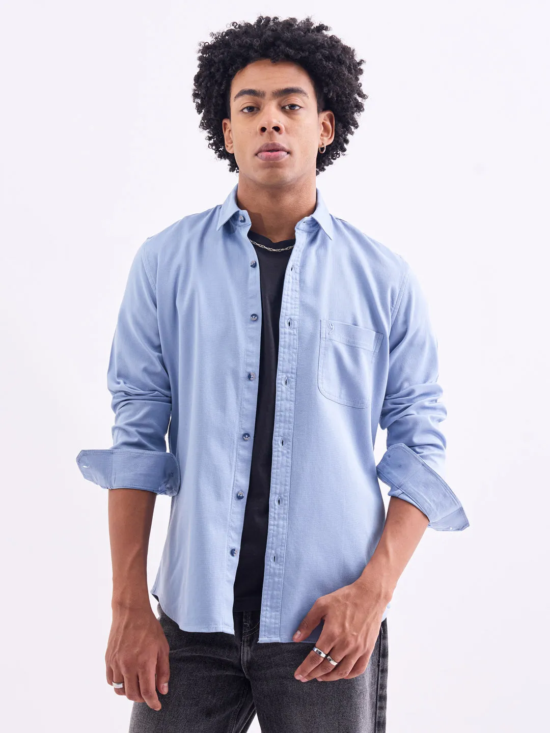 Blue Plain Cotton Stretch Shirt