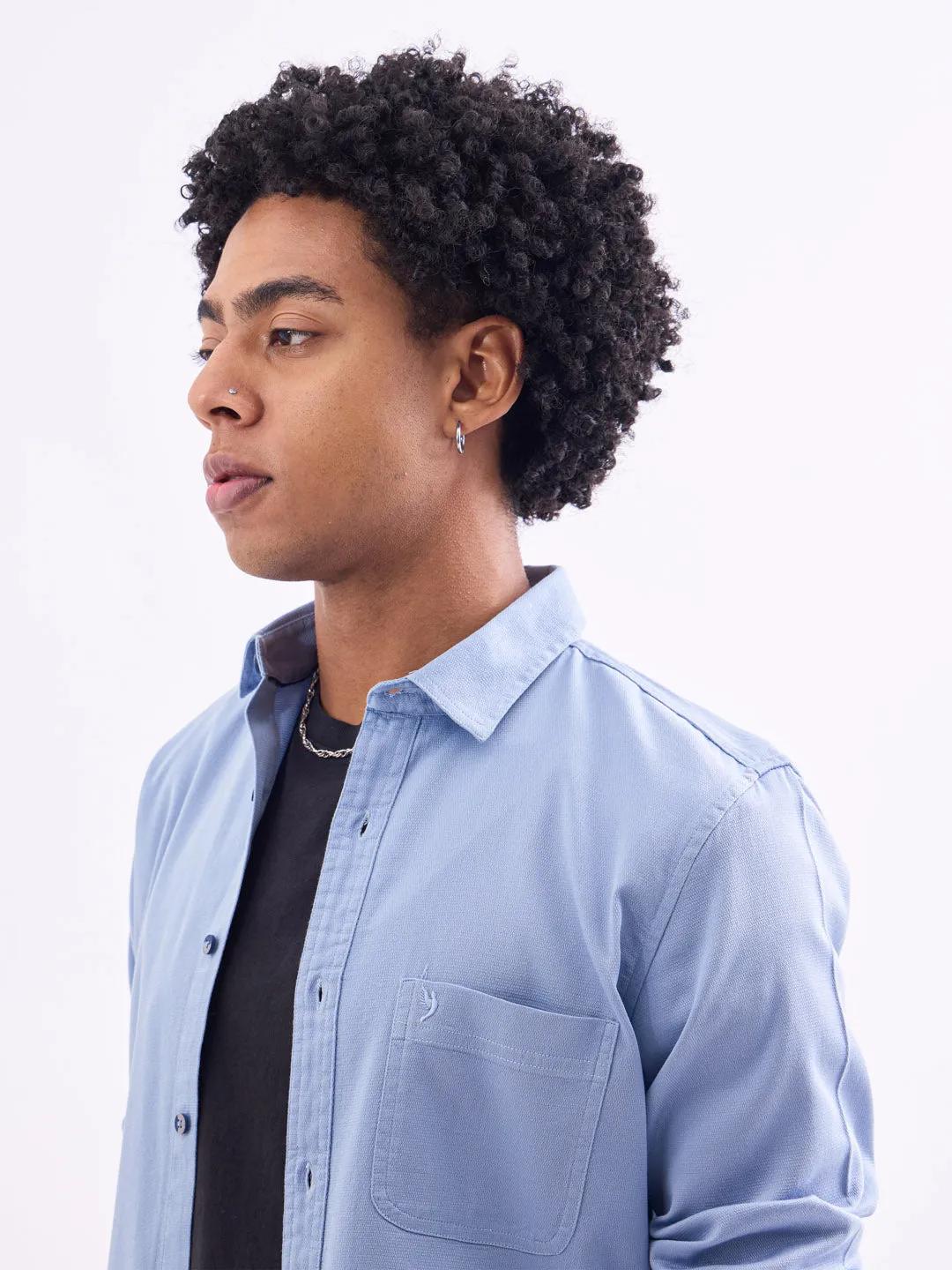 Blue Plain Cotton Stretch Shirt