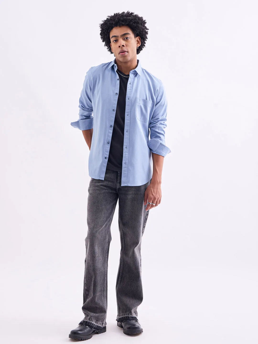 Blue Plain Cotton Stretch Shirt