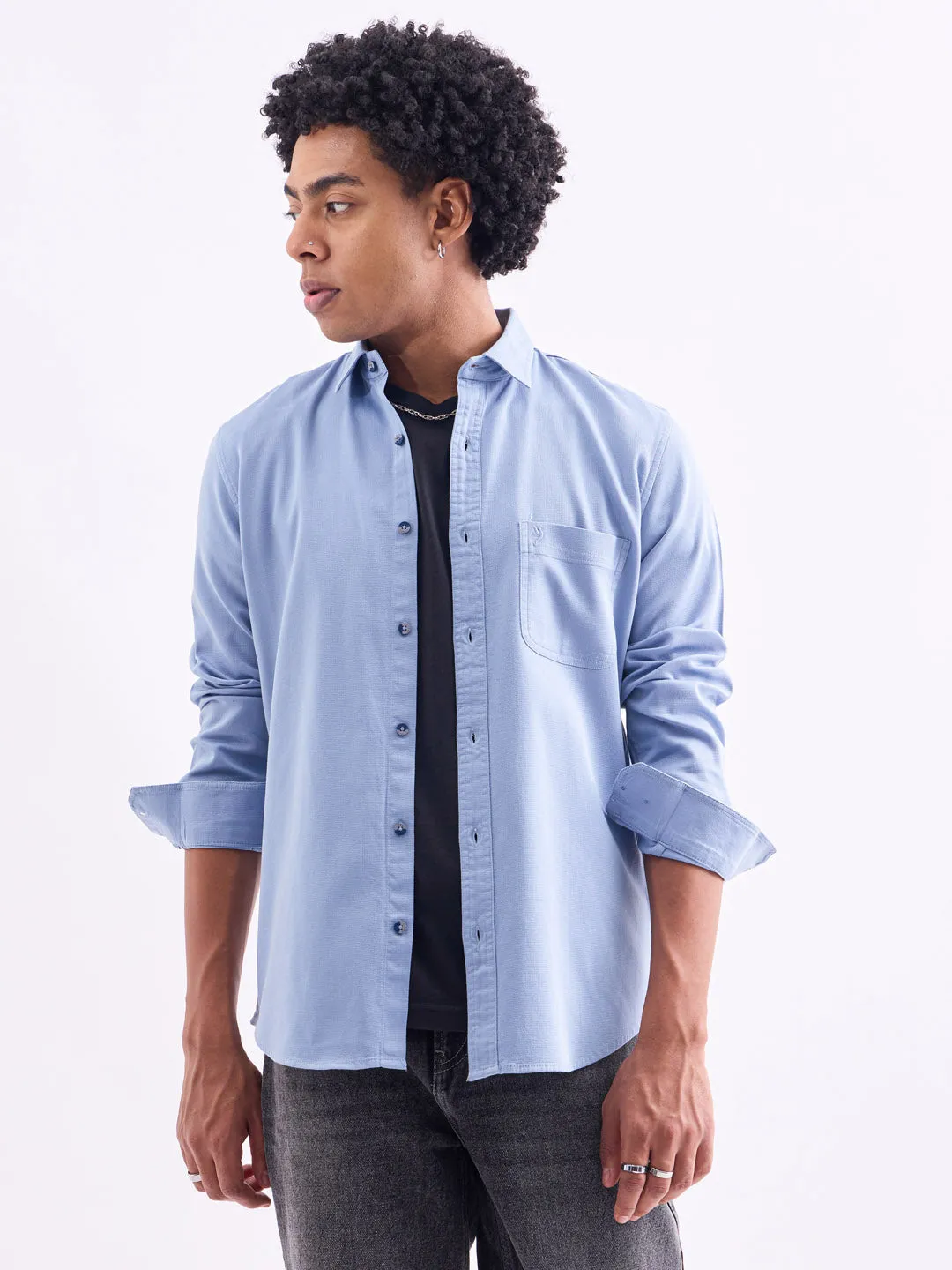 Blue Plain Cotton Stretch Shirt