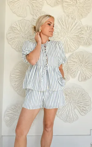 Blue Striped Front Tie Short Set