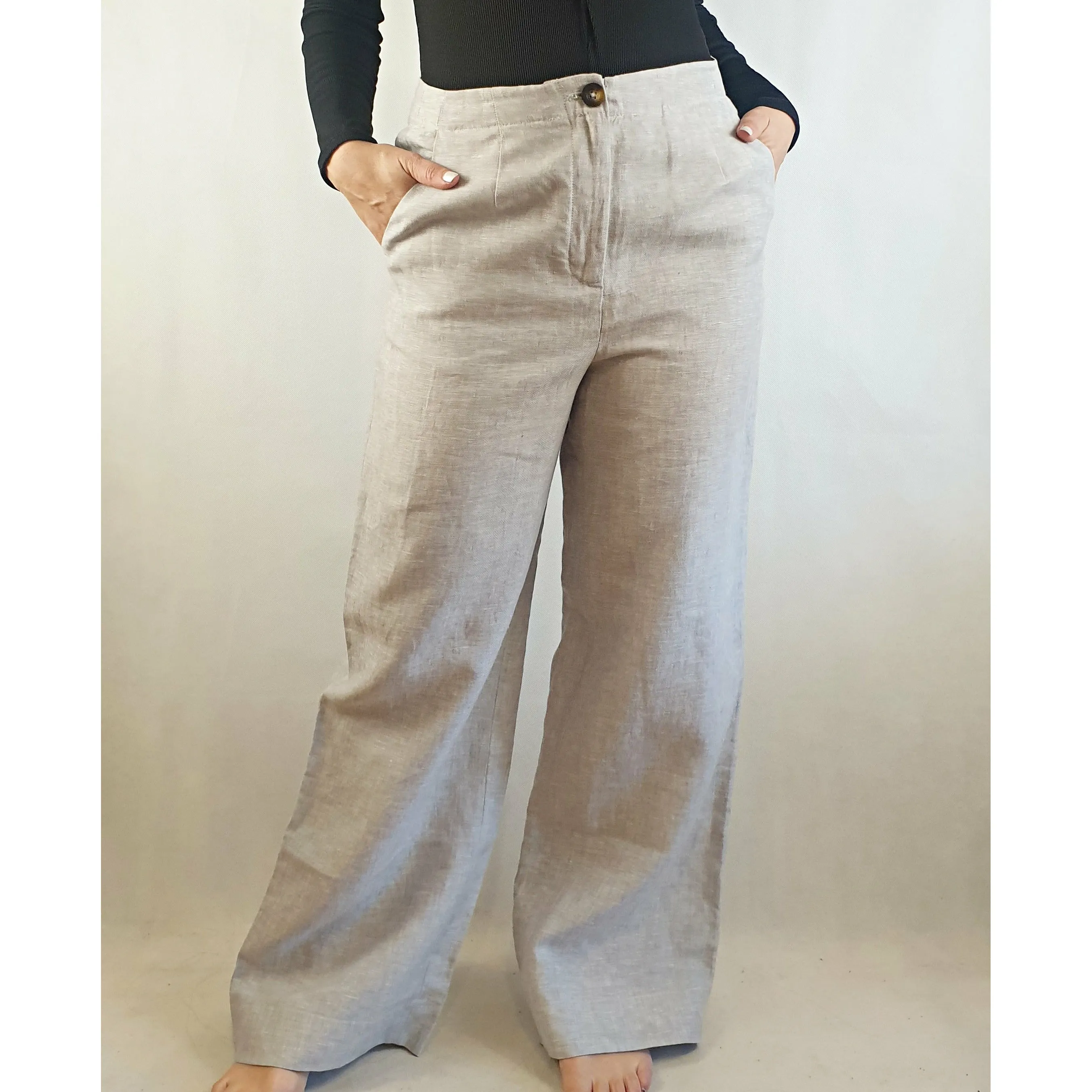 Boden pre-owned 100% linen natural coloured wide leg pants size 14 (best fits size 12)