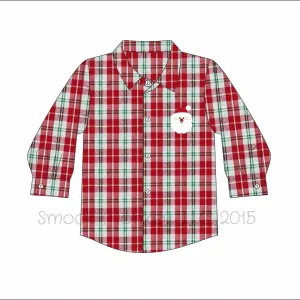 Boy's embroidered "SANTA" plaid button down shirt (18m,5t)