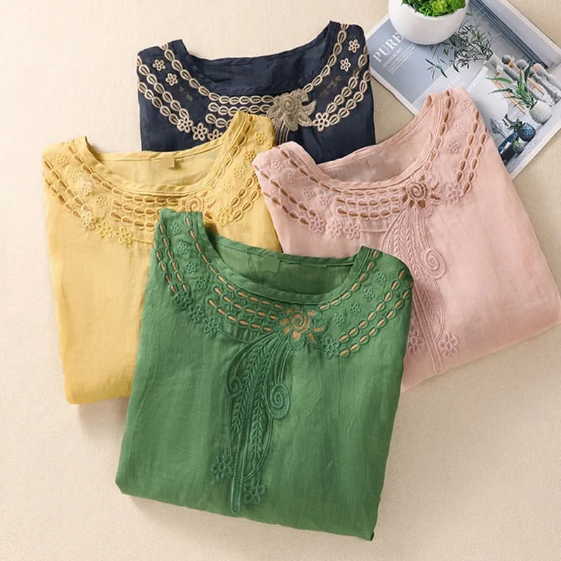 Buddha Stones Artistic Plain Floral Embroidered Design Crew Neck Puff Half Sleeve Cotton Linen Women's T-Shirt