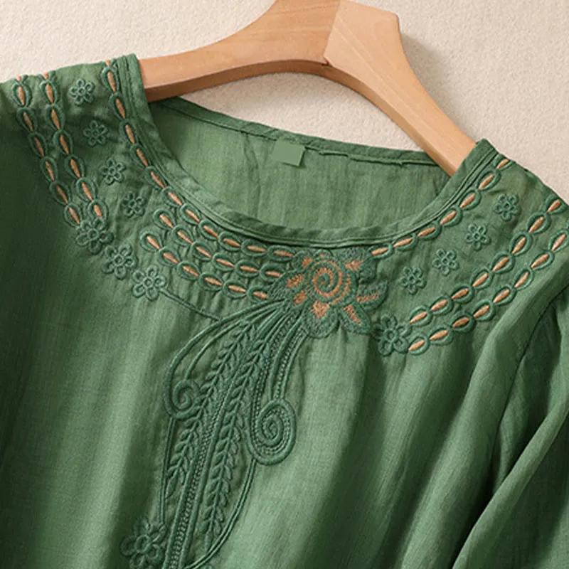 Buddha Stones Artistic Plain Floral Embroidered Design Crew Neck Puff Half Sleeve Cotton Linen Women's T-Shirt