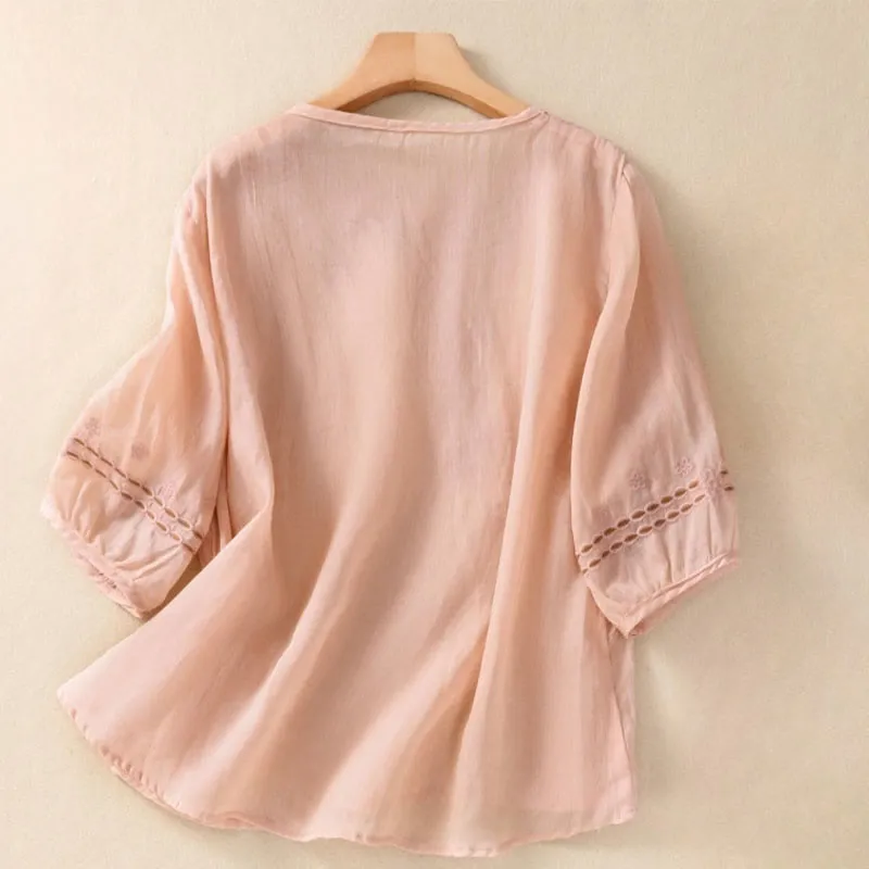 Buddha Stones Artistic Plain Floral Embroidered Design Crew Neck Puff Half Sleeve Cotton Linen Women's T-Shirt