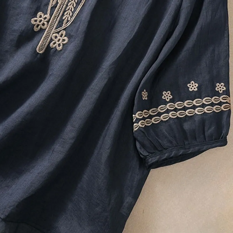 Buddha Stones Artistic Plain Floral Embroidered Design Crew Neck Puff Half Sleeve Cotton Linen Women's T-Shirt
