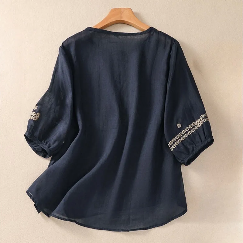 Buddha Stones Artistic Plain Floral Embroidered Design Crew Neck Puff Half Sleeve Cotton Linen Women's T-Shirt