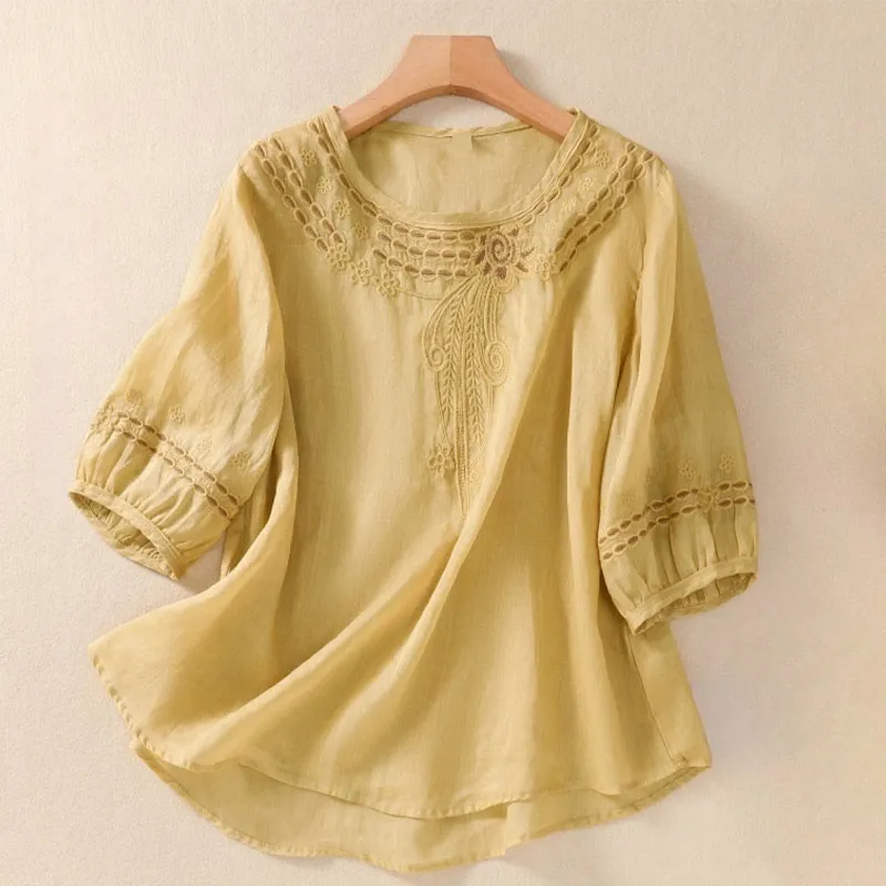 Buddha Stones Artistic Plain Floral Embroidered Design Crew Neck Puff Half Sleeve Cotton Linen Women's T-Shirt
